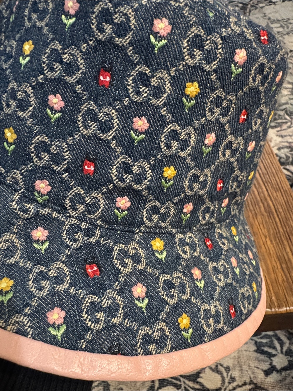Gucci Women’s Denim Bucket Hat with Multicolor Floral Embroidery and Pink Trim - Picture 10 of 10